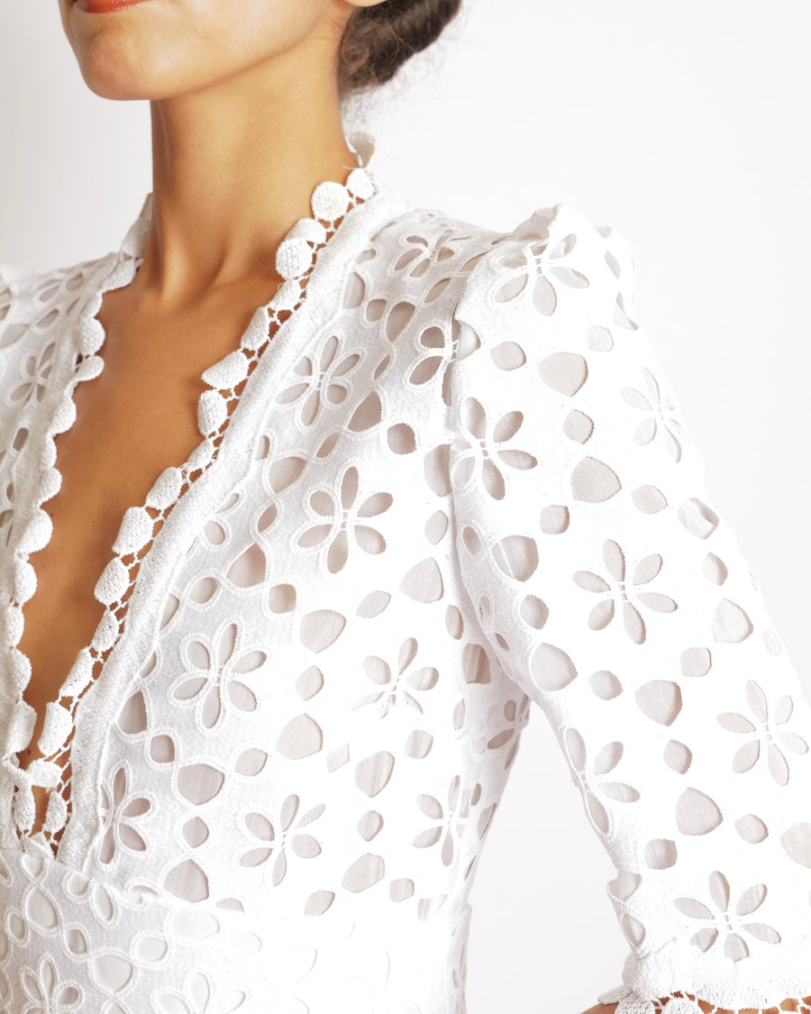 Elie Saab White Macrame Lace Midi Dress with V-Neck Detail Size FR 38 (UK 10)