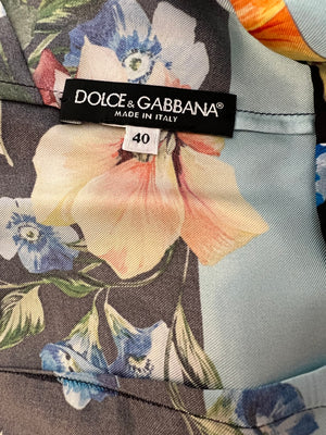 Dolce & Gabbana Black Silk Short-Sleeved Midi Dress with Multi-Colour Floral Print and Leopard Face Detail Size IT 40 (UK 8)