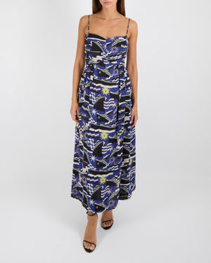 Chanel La Pausa Resort 2019 Blue, White and Black Silk Printed Sleeveless Maxi Dress with Yellow CC Logo Print Details and White Mirror CC Logo Button Size FR 36 (UK 8)