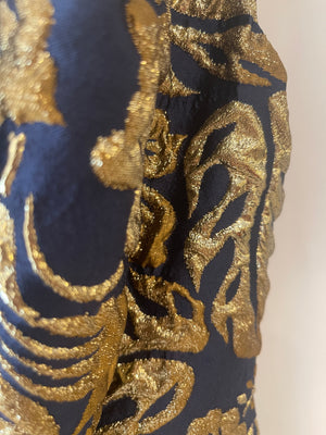 Prada Navy and Gold Floral Jacquard Embroidered Dress with Bow Detail Size IT 38 (UK 6)