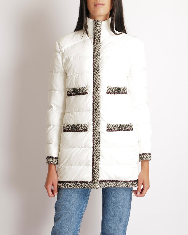 Chanel White Puffer Coat with Black and White Tweed Trims with Metallic Pink Details and Silver and Black CC Logo Buttons Size FR 38 (UK 10)