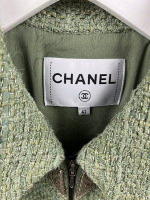 *HOT* Chanel Green Tweed Jacket with CC Silver Button Detail Size FR 42 (UK 14)