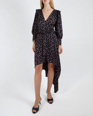 Magda Butrym Black Silk Long Sleeve Dress with Pink Floral Prints and Asymmetrical Hemline, Ruffle and Button Details Size FR 36 (UK 8)