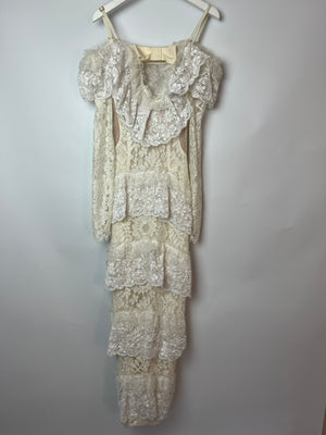 Alessandra Rich White Tiered Lace Long Sleeve Maxi Dress with Frills and Bow Detail Size IT 38 (UK 6)