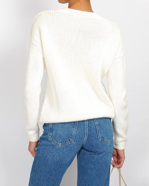 Loro Piana Cream Cashmere Knit Jumper with Knitted Flower and Crystal Details Size IT 42 (UK 10)