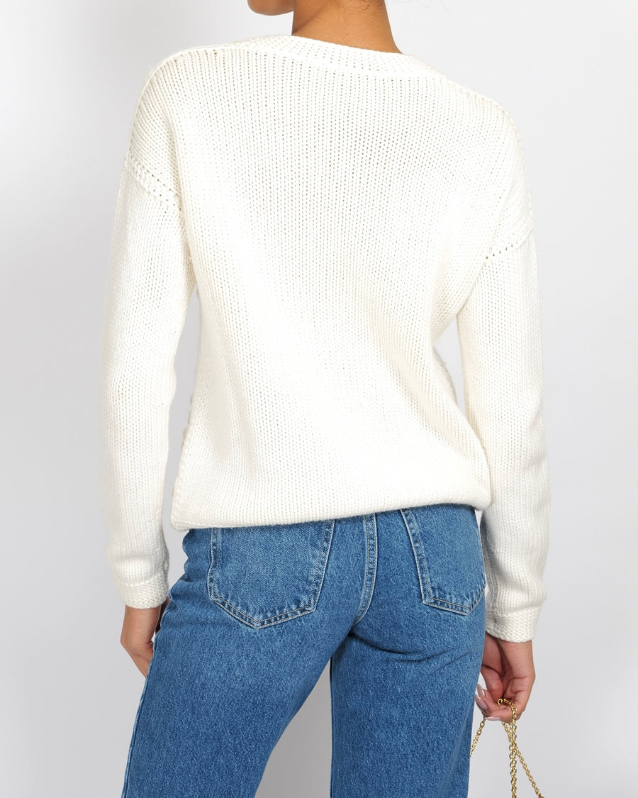 Loro Piana Cream Cashmere Knit Jumper with Knitted Flower and Crystal Details Size IT 42 (UK 10)