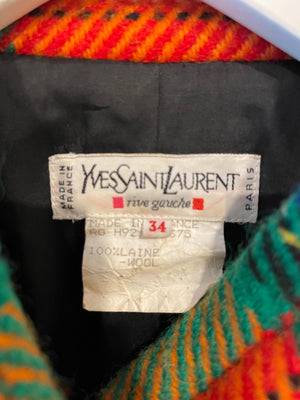 Saint Laurent 80's Vintage Multicolour Tartan Wool Jacket with Black Fringe and Button Details Size FR 34 (UK 6)