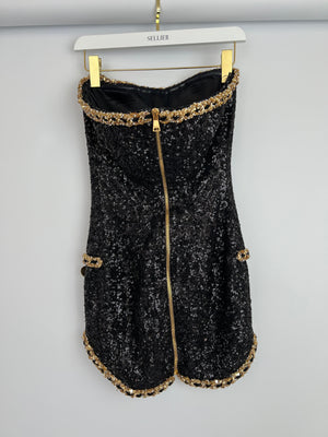 Balmain Black and Gold Sequin Mini Dress with Buttons Details Size UK 8 RRP £4,400