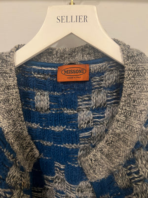 Missoni Blue and Grey Wool Long Knitted Short Sleeved Cardigan Size IT 42 (UK 10)