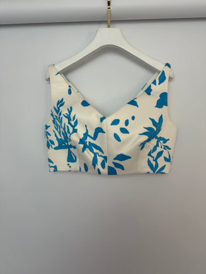 Emilia Wickstead White and Blue Floral Printed Crop Top and Midi Skirt Set Size UK 12