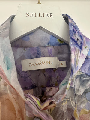 Zimmermann Blue and Pink Floral Print Sheer Rhythmic Lantern Mini Dress with Tie Belt Size 4 (UK 16)