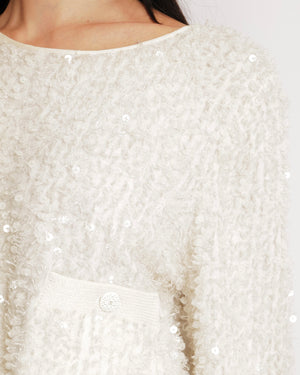 Chanel Cream Angora Wool Sequin Embellished Mini Dress with Metallic Waistband Detail and White and Silver CC Logo Buttons Size FR 38 (UK 10)