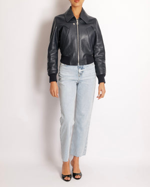 Bottega Veneta Navy Calfskin Leather Jacket with Silver Zipper and Knitted Details Size FR 36 (UK 8) RRP £5,000