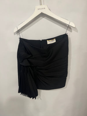 Saint Laurent Black Wool Pleated Mini Skirt with Front Knot Detail Size FR 38 (UK 10)