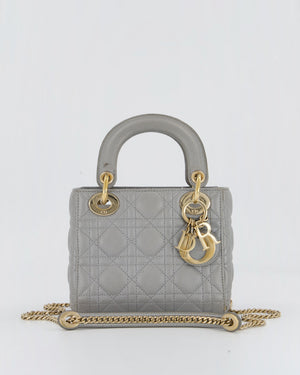Christian Dior Grey Small Lady Dior Bag in Lambskin Cannage Leather with Champagne Gold Hardware