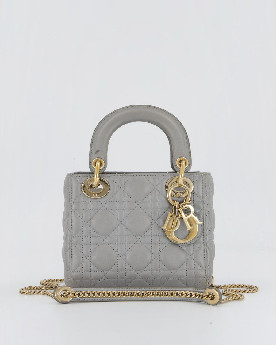Christian Dior Grey Small Lady Dior Bag in Lambskin Cannage Leather with Champagne Gold Hardware