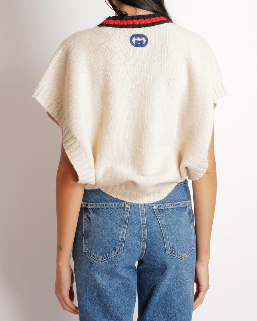 Gucci Beige Wool Sleeveless Jumper with Back Logo and Navy, Red Collar Size XS (UK 6)