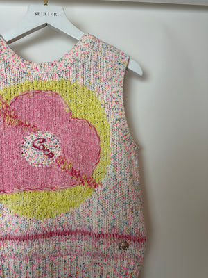 Chanel 24C Resort Pastel Pink & Yellow Sleeveless Knit Jumper and Shorts Set with Cupid Heart "Coco" Detail Top Size FR 34 (UK 6)