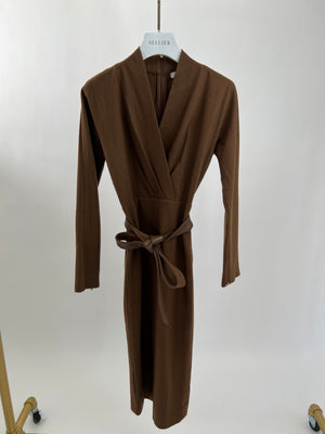 Max Mara Brown Wool V Neck Long Sleeve Midi Dress with Leather Belt Detail  Size UK 6