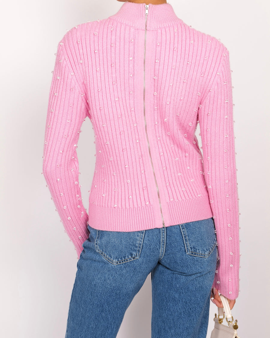 David Koma Pink Ribbed Knit Jumper with Transparent Bead Details Size L (UK 12) RRP £552