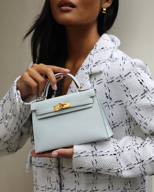 *VERY RARE* Hermès Mini Kelly II 20 Bag In Bleu Brume Chèvre Mysore Leather with Gold Hardware