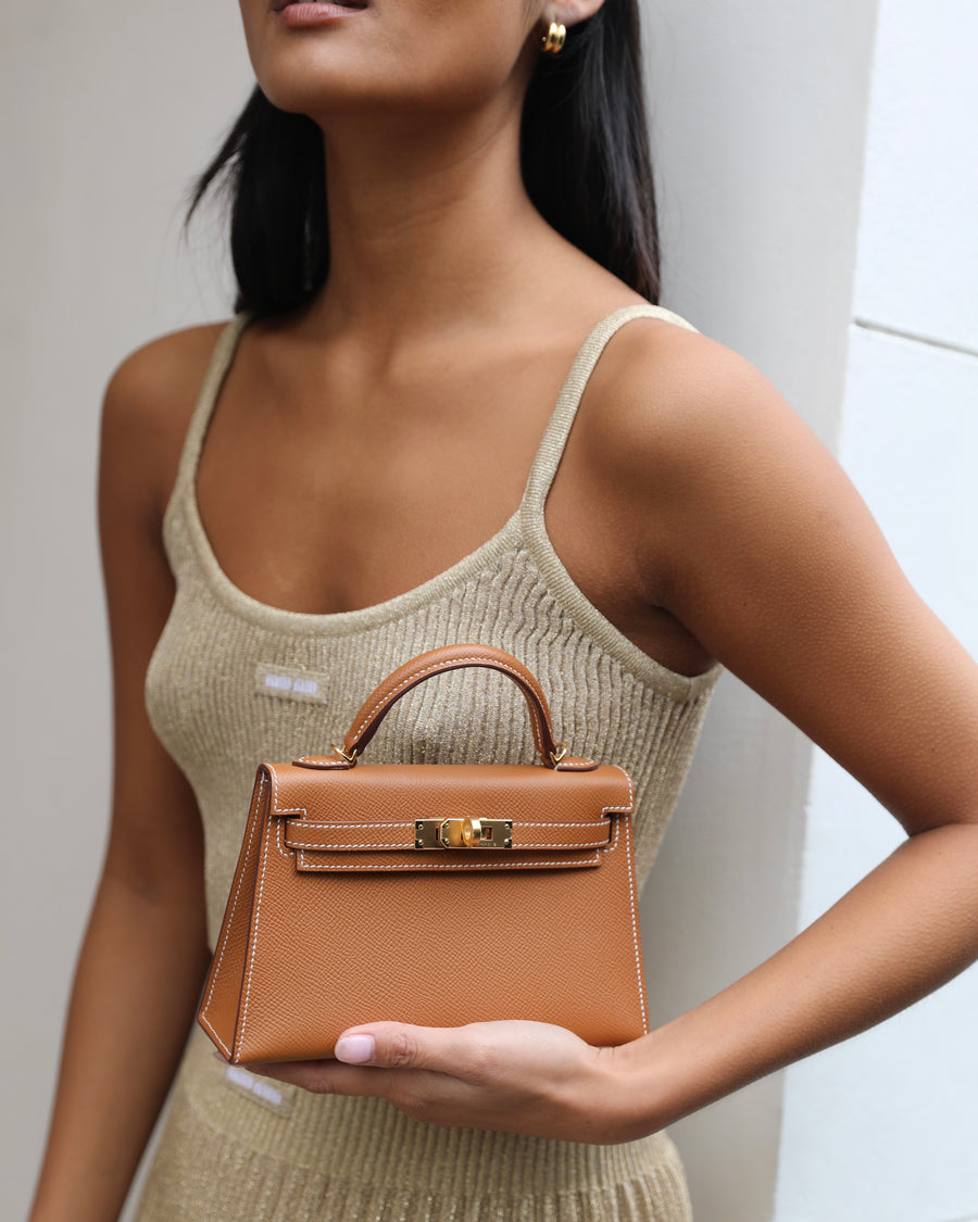 Hermes Mini Kelly II 20 Bag in Gold Epsom Leather with Gold Hardware