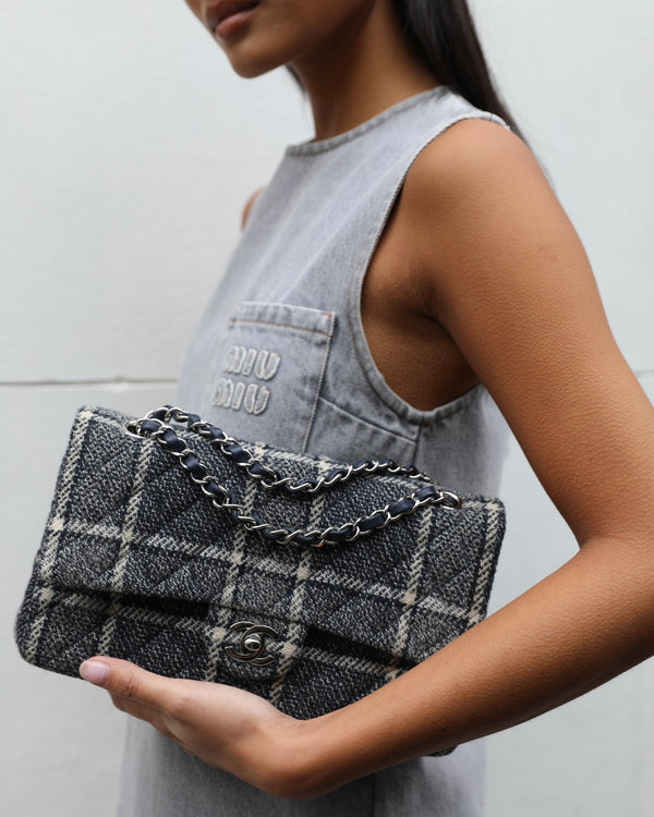 Chanel Medium Classic Double Flap Bag in Navy and Cream Tweed Check Fabric with Silver Hardware