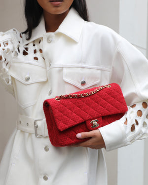 Chanel Deep Red Classic Medium Double Flap Bag in Tweed with Champagne Gold Hardware