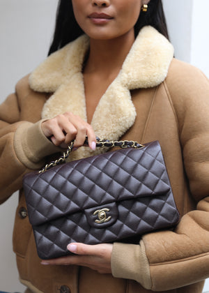 *HOT* Chanel Dark Chocolate Classic Medium Double Flap Bag in Caviar Leather with Champagne Gold Hardware