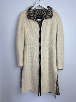 Chanel 00A Cream Long Line Tweed Coat with Black Contrast Trim and Vent Details Size FR 38 (UK 10)