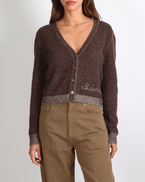 Chanel Fall 2001 Vintage Brown Cashmere Cardigan with Logo and Gold CC Logo Buttons Size FR 38 (UK 10)