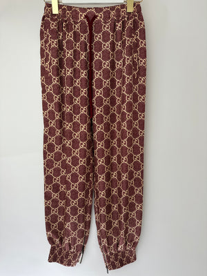 Gucci Burgundy and Cream Silk GG Monogram Joggers with Gold Metallic Side Detail Size XS (UK 6)