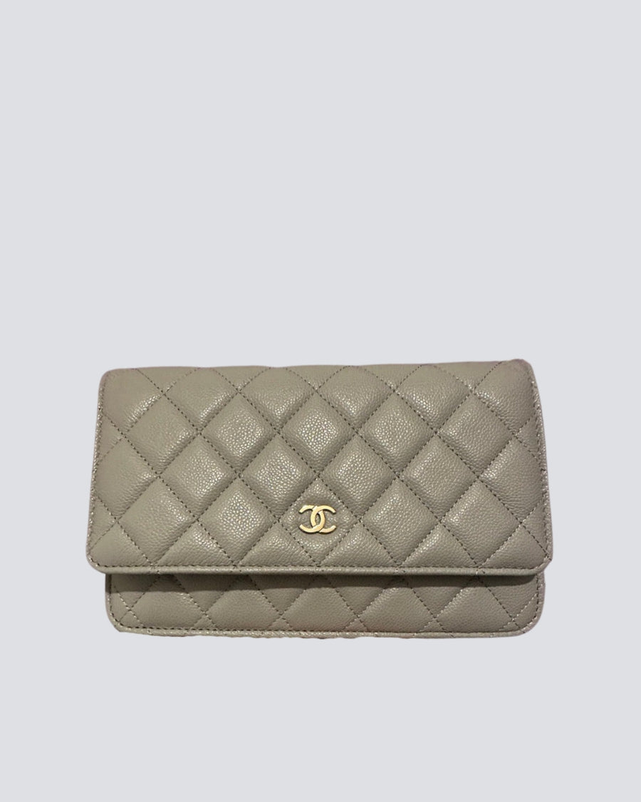 Chanel Grey Caviar Leather Wallet on Chain With Gold Hardware