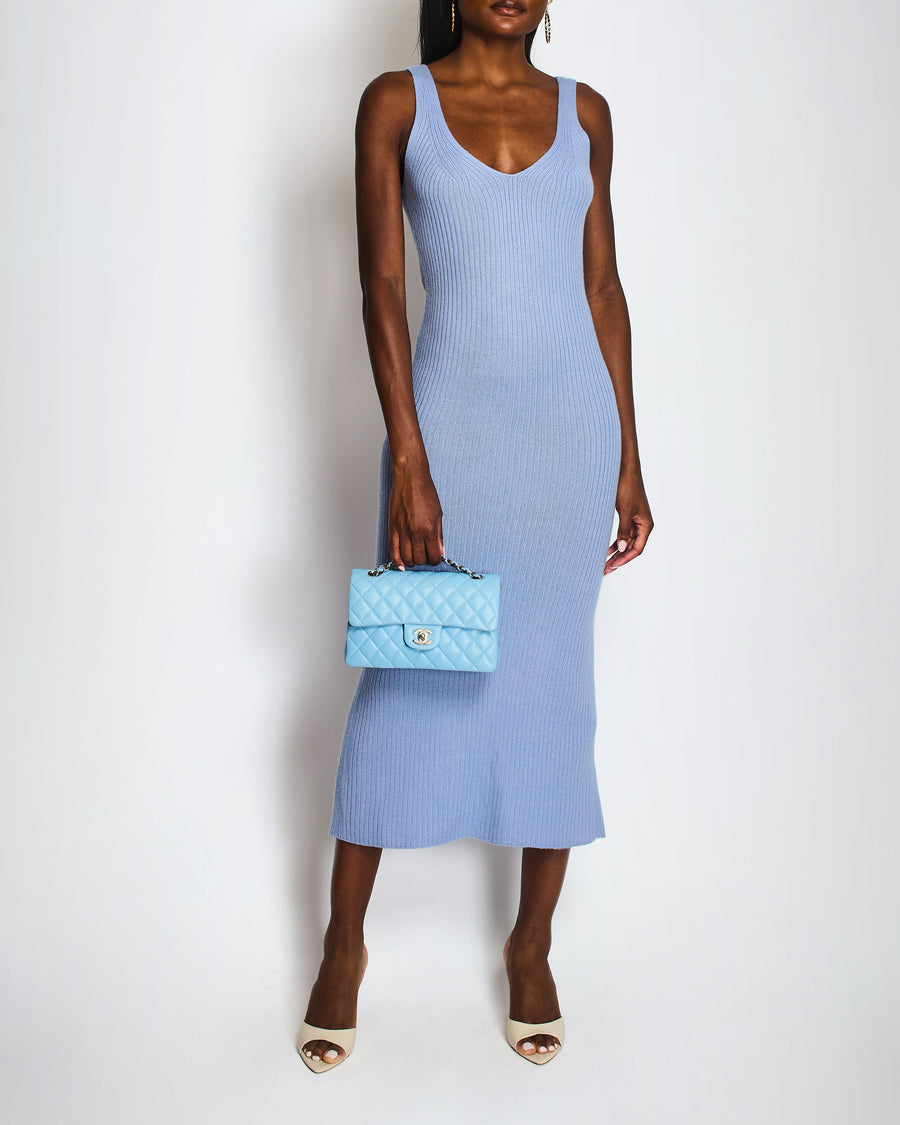 Arch4 Light Blue Cashmere and Silk Blend Knitted Sleeveless Maxi Dress with Side Slit Detail Size S (UK 8)