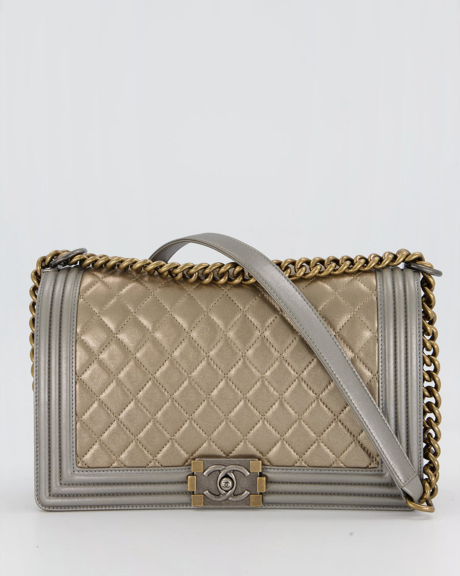 Chanel Metallic Gold and Silver Medium Boy Bag in Quilted Lambskin Leather with Silver Hardware