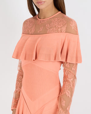 Elie Saab Resort 2018 Coral Pink Long-Sleeve Mini Ruffle Dress with Lace Details Size FR 38 (UK 10)