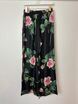 Dolce & Gabbana Black Floral Print Silk Trousers Size IT 42 (UK 12)