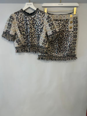 Ralph & Russo Black and Multi-Colour Tweed Sequin Top and Mini Skirt Set with Textured Gold Buttons Size FR 38/40 (UK 10/12)