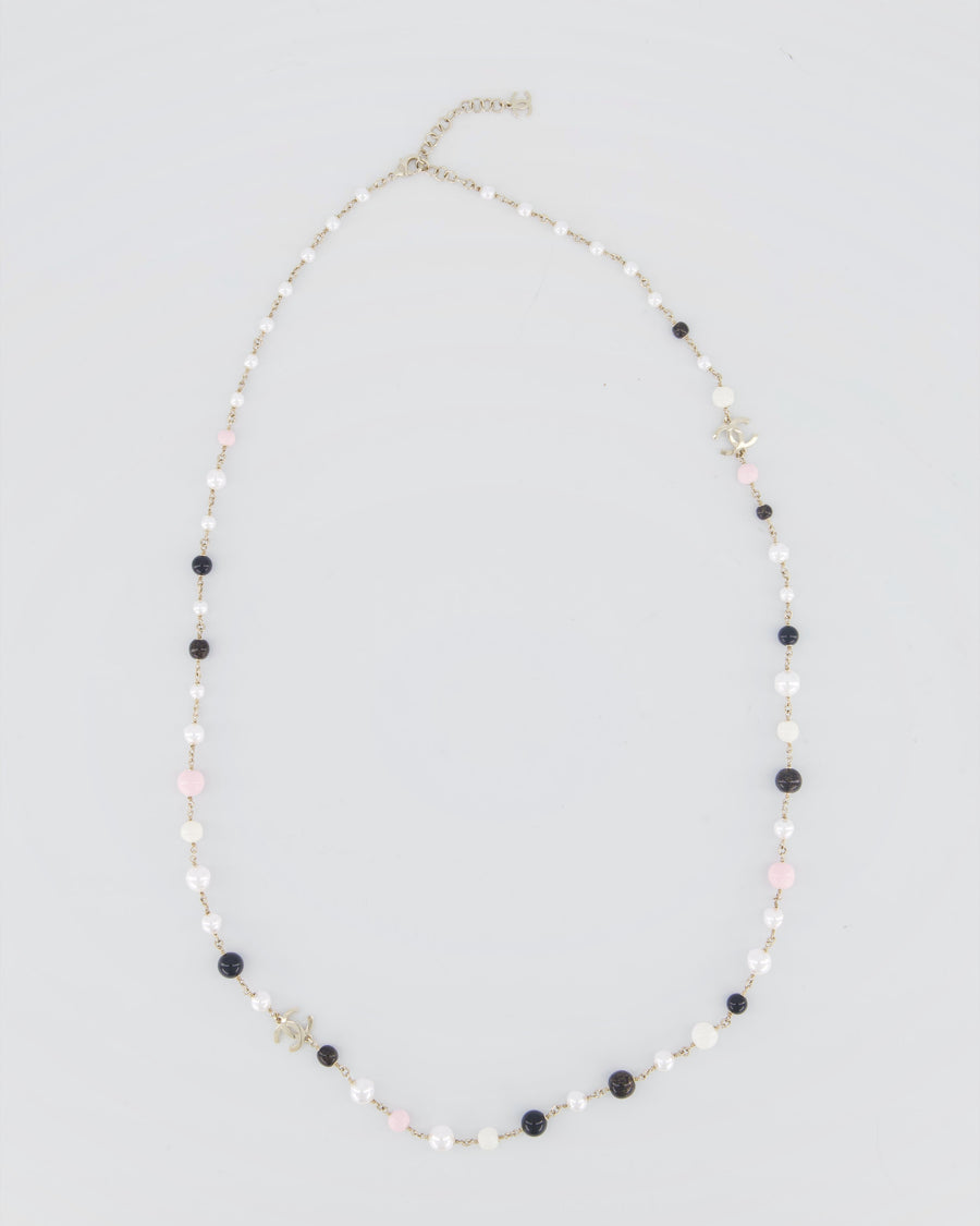 Chanel 25/K Pink, Black & Pearl Champagne Gold CC Drop Necklace