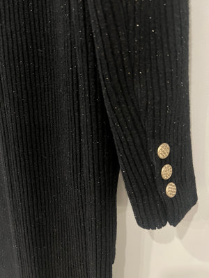 Chanel Black Shimmery Wool Long Coat with Gold CC Logo Buttons Size FR 34 (UK 6)