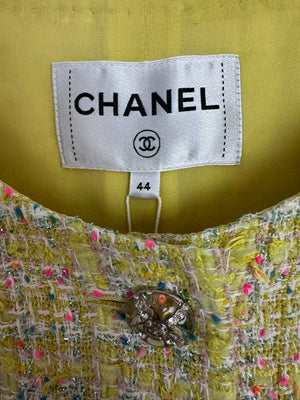 Chanel 24C Yellow, White, Pink & Blue Metallic Tweed Check Collarless Jacket with Crystal CC Buttons Size FR 44 (UK 16) RRP £6,500