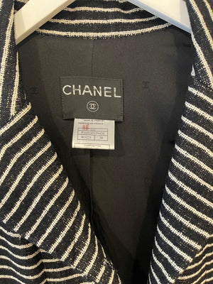 Chanel 01C White and Black Striped Jacket with White Camelia Detail Size FR 38 (UK 10)