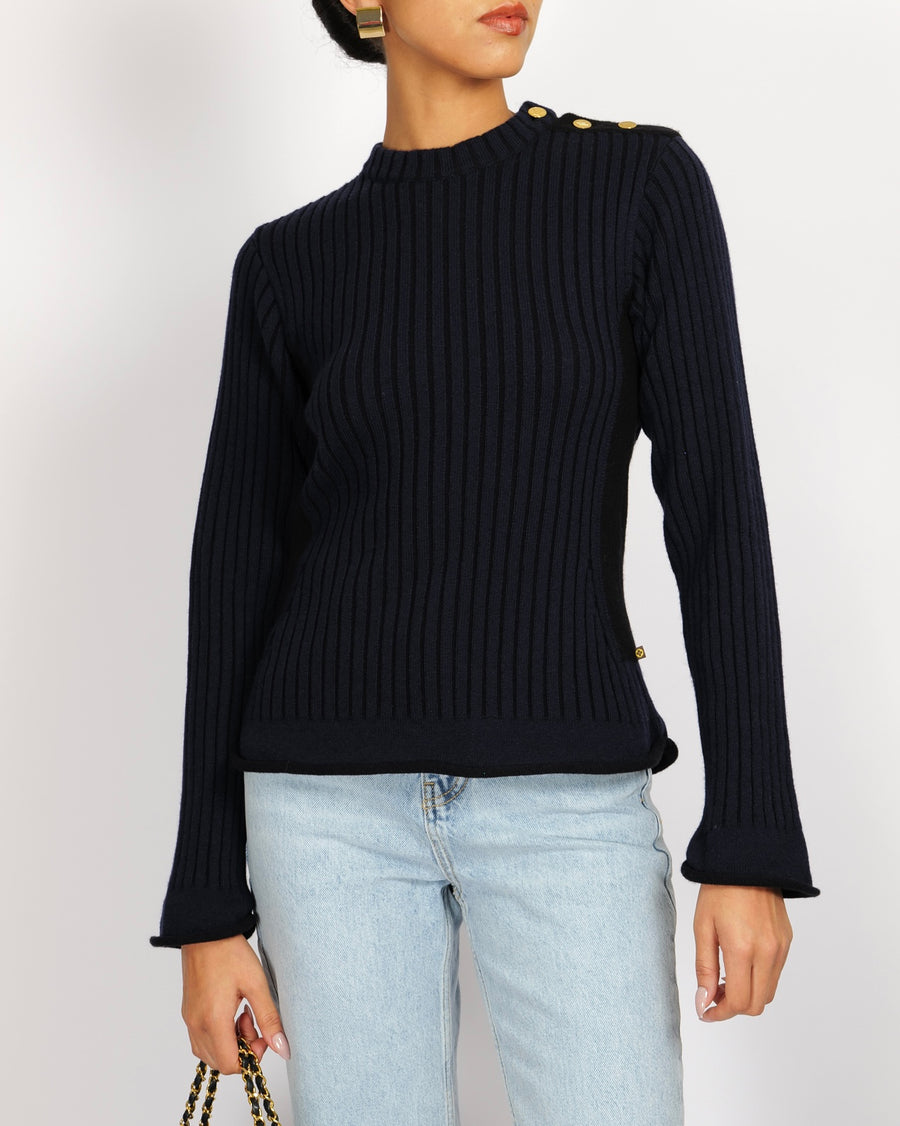 Louis Vuitton Navy and Black Cashmere Ribbed Jumper with Gold LV Logo Buttons Size S (UK 8)