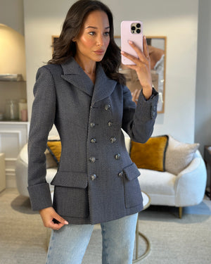 Chanel Navy and Grey Striped Wool Jacket and Blue Embellished Button Detail FR 36 (UK 8)