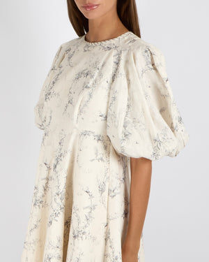 Zimmermann Cream Linen Mini Dress with Puff Sleeves and Grey Floral Print Size 1 (UK 10)