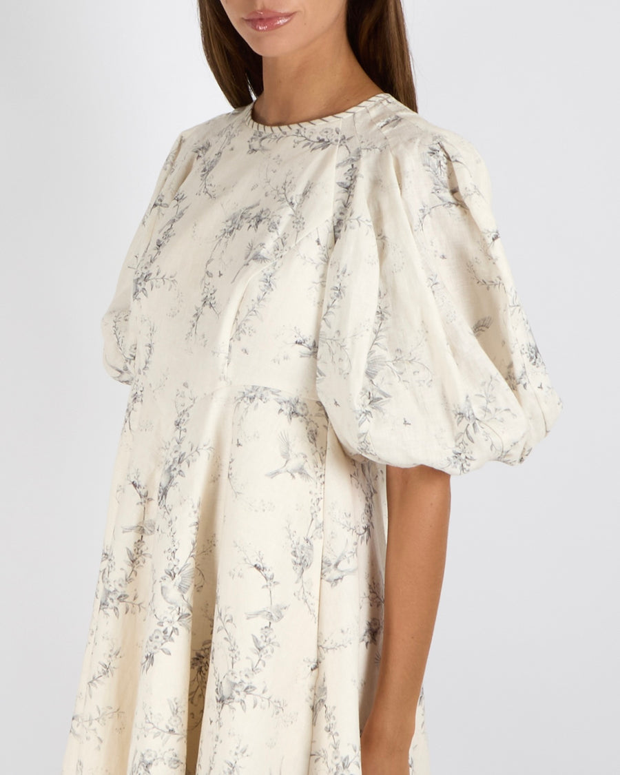 Zimmermann Cream Linen Mini Dress with Puff Sleeves and Grey Floral Print Size 1 (UK 10)