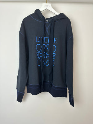 Loewe Navy Cotton Hoodie With Anagram Logo and Frayed String Detail Size M (UK 10)
