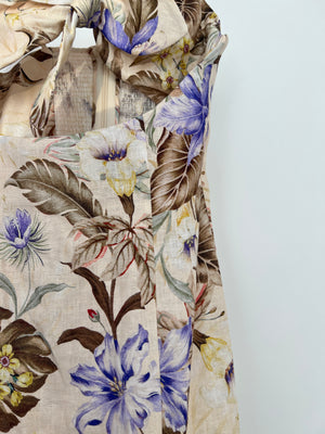 Zimmermann Beige, Brown and Blue Floral Linen Maxi Dress with Cut Out and Bow Detail Size 0 (UK 8)