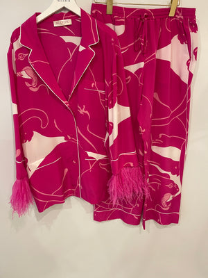 Valentino Hot Pink and White Silk Printed Blouse and Matching Trousers Set with Feathers Size IT 40/42 (UK 8/10)