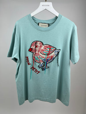 Gucci Baby Blue Cotton T Shirt with Embroidered Bird Size S (UK 8)